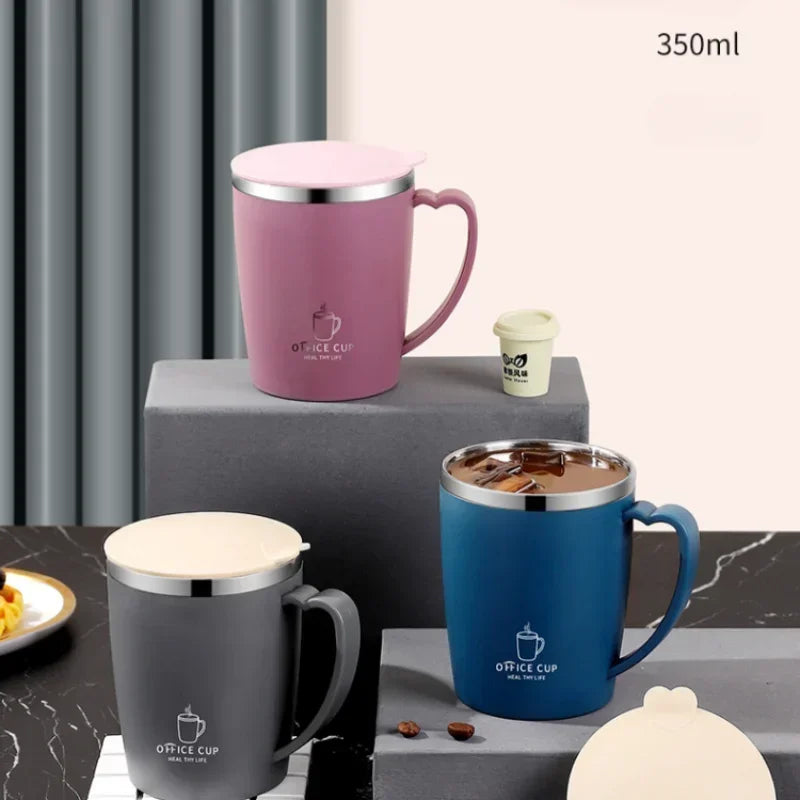 350ml portable thermal cup with handle and lid, made of double-wall stainless steel, ideal for outdoor travel and keeping drinks hot or cold